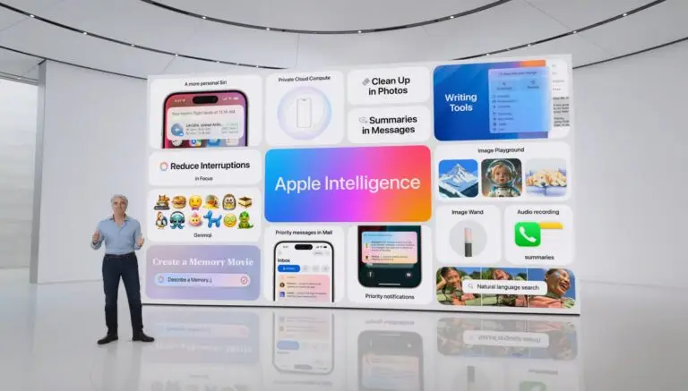 ميزات Apple Intelligence"، "20 دولارًا شهريًا"، "تحسين تجربة المستخدم"، و"الذكاء الاصطناعي".